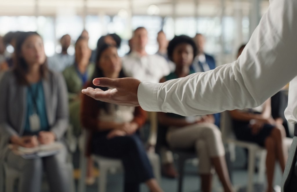 Hand, presentation and workshop or conference for company, team building and discussion of strategy. Person, professional and speaker in seminar or convention in boardroom with colleagues in event