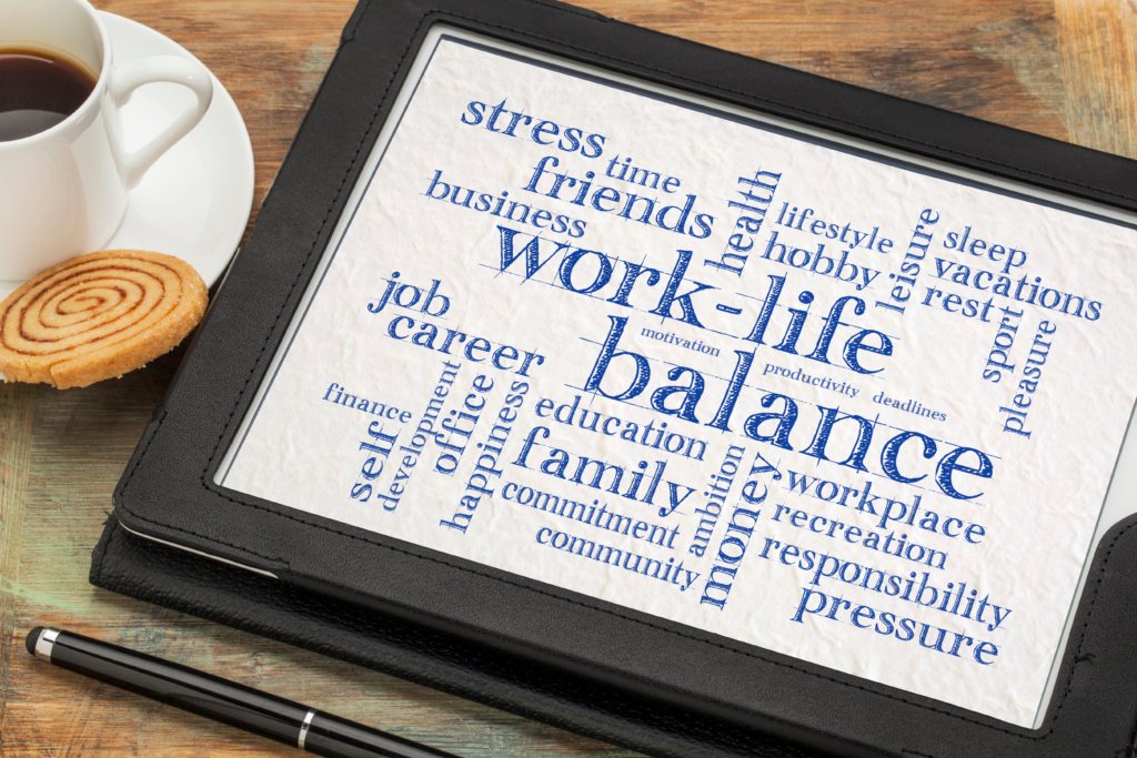 work life balance word cloud on tablet